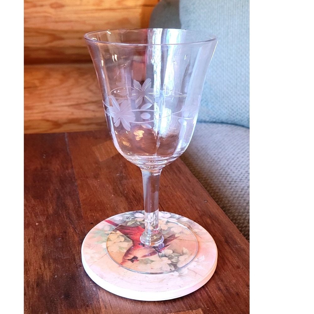 Set 4 Vintage Etched Floral Crystal Water Wine Glass Clear Stemware Glasses